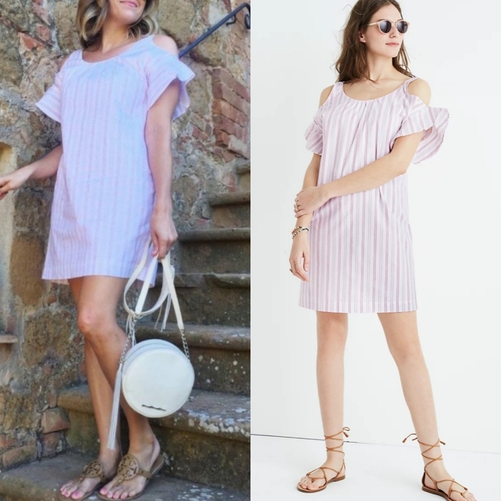 Madewell Rose Ivory | Pink Stripe Cold-Shoulder Cotton Shift Dress Size Large